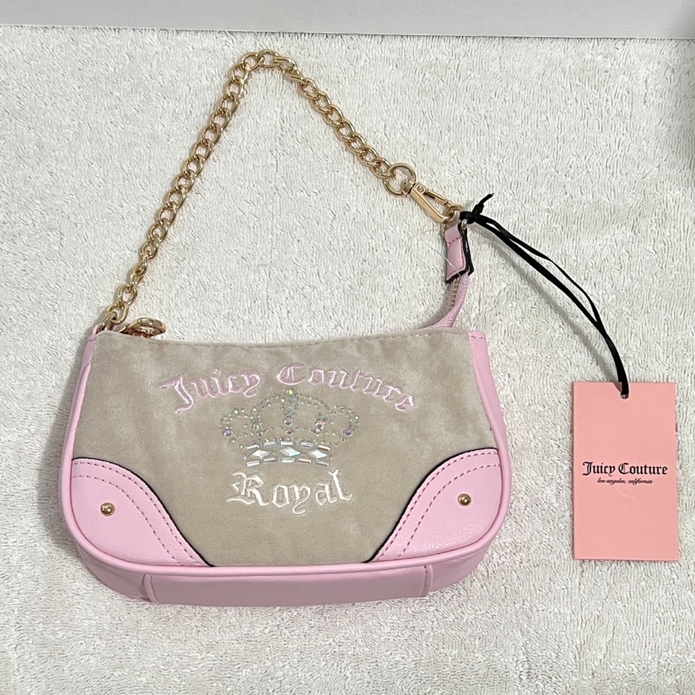 NWT! Juicy Couture Purse Light Pink Sandstone Velvet Gold Chain Accents Girlie